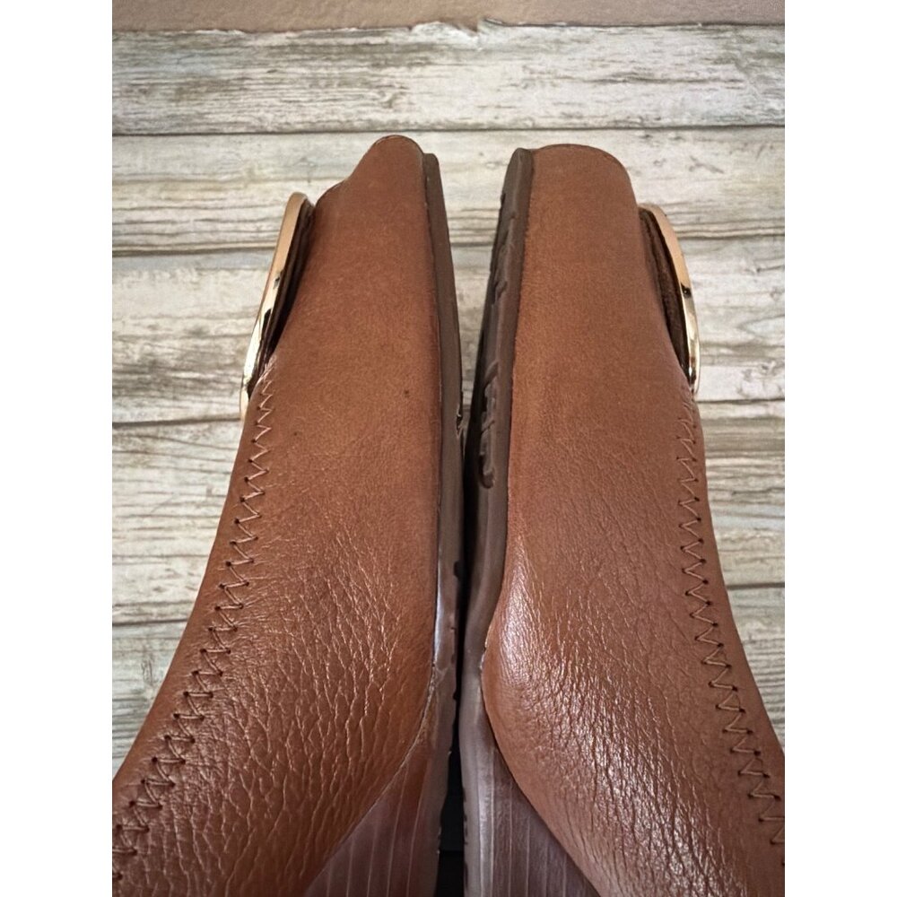 Tory Burch Women's Sally 2 Cognac Leather Peep Toe Wedge Heels Sz 11 Used No Box - Picture 9 of 11